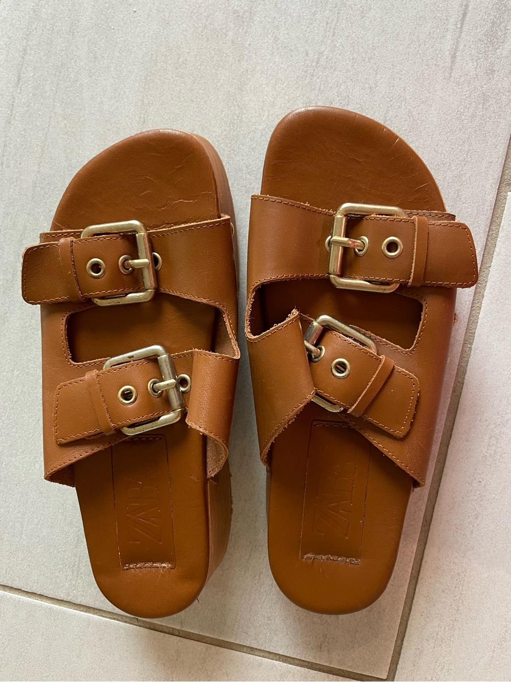 Zara Brown Double-Buckle Platform Slide Sandals - Picture 4 of 4